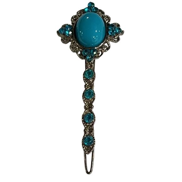 Vintage Y2K Turquoise Blue Rhinestone Hair Barrette Clip Silver Tone 3” - Picture 5 of 5